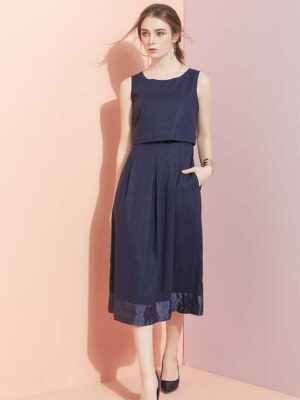 Váy đầm midi chân váy xếp ly phối lụa Navy 1