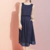 Váy đầm midi chân váy xếp ly phối lụa Navy 2