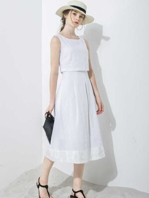 Váy đầm midi chân váy xếp ly phối lụa White 1