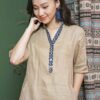 Váy đầm cổ tàu phối nẹp cổ thổ cẩm Beige 7