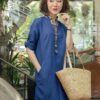Váy đầm cổ tàu phối nẹp cổ thổ cẩm Navy 9