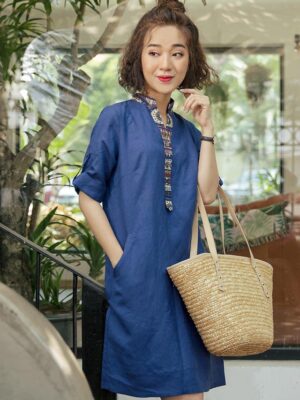 Váy đầm cổ tàu phối nẹp cổ thổ cẩm Navy 9