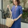 Váy đầm cổ tàu phối nẹp cổ thổ cẩm Navy 8