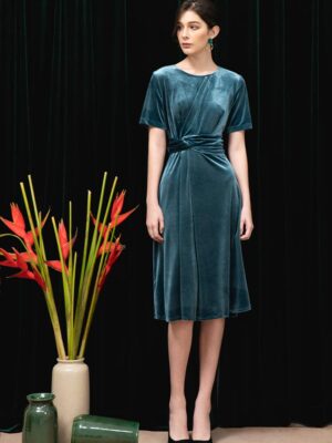 Váy đầm nhung buộc nơ eo Blue 9
