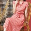 Váy đầm sơ mi cổ đức tròn xếp ly chân váy Red Floral 8