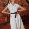 Váy đầm sơ mi cổ đức tròn xếp ly chân váy White 1