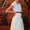 Váy đầm sơ mi cổ đức tròn xếp ly chân váy White 2