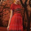 Váy đầm xếp ly chân váy, đai liền Red Floral 3