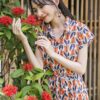 Váy đầm sơ mi xếp ly chân váy Orange Floral 8