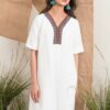 Váy đầm tay lỡ nẹp cổ thổ cẩm chữ Y White 4