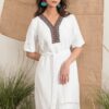Váy đầm tay lỡ nẹp cổ thổ cẩm chữ Y White 5
