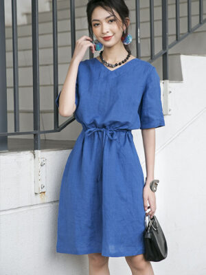 Váy đầm cổ tim rút eo Blue 1