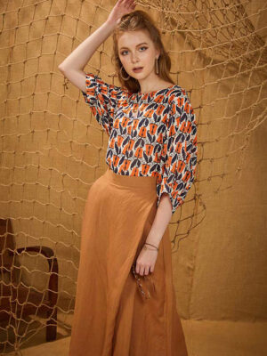 Áo cánh dơi tay phồng Orange Floral 2