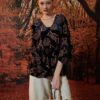 Áo nhung hoa dúm eo Black Floral 1