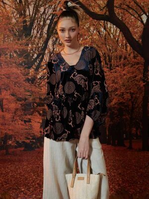 Áo nhung hoa dúm eo Black Floral 1