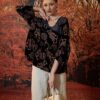 Áo nhung hoa dúm eo Black Floral 2