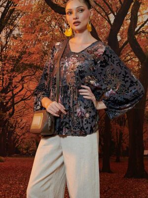 Áo nhung hoa dúm eo Grey Floral 5