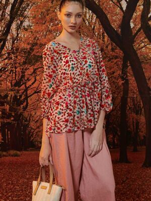 Áo nhung hoa dúm eo Pink Floral 5