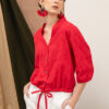 Áo sơ mi nữ cổ tàu rút dây gấu áo Red 2