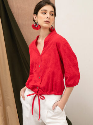 Áo sơ mi nữ cổ tàu rút dây gấu áo Red 2