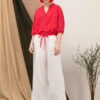 Áo sơ mi nữ cổ tàu rút dây gấu áo Red 3