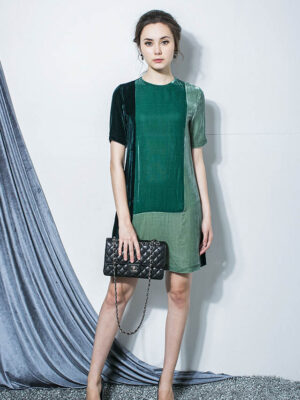 Váy đầm nhung phối 3 màu Green 1