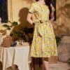 Váy đầm xếp ly chân váy, đai liền Yellow Floral 2