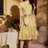 Váy đầm xếp ly chân váy, đai liền Yellow Floral 3