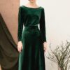 Váy đầm nhung can eo cổ đính ngọc Green 3