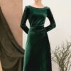 Váy đầm nhung can eo cổ đính ngọc Green 4