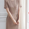 Váy đầm len tay cộc túi ngực Beige 2