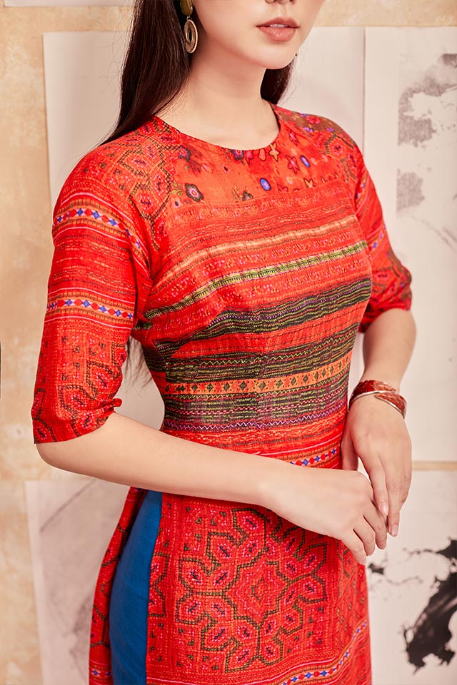 Bộ Áo Dài Họa Tiết Thổ Cẩm Red Print