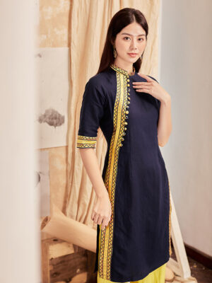 Áo dài cổ tàu phối thổ cẩm Navy 2