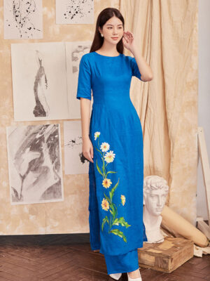 Áo dài vẽ tay hoa cúc Blue 6
