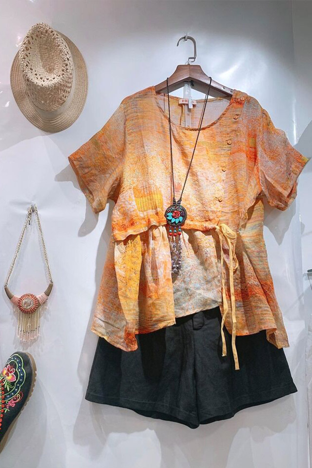 ZT110159OR Áo sơ mit rút dây eo Orange