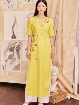 Bộ áo dài vẽ tay vẽ hoa Yellow 5