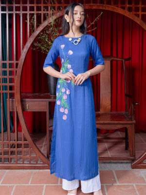 Bộ áo dài vẽ tay vẽ hoa Blue 3