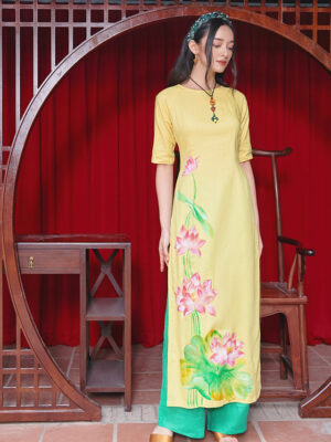 Bộ áo dài vẽ tay vẽ hoa Yellow 4
