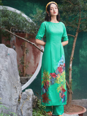 Bộ áo dài vẽ tay vẽ phố Green 4