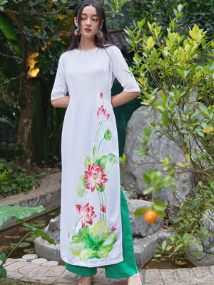 Bộ áo dài vẽ tay hoa sen White 1