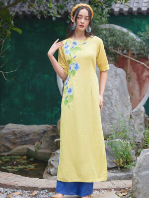 Bộ áo dài vẽ tay vẽ hoa Yellow 3