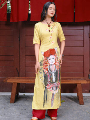 Bộ áo dài vẽ tay cô gái dân tộc Yellow 1