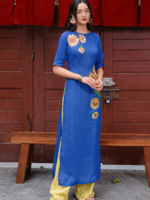 Bộ áo dài vẽ tay vẽ hoa Blue 2