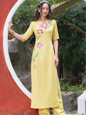 Bộ áo dài vẽ tay vẽ hoa Yellow 4