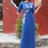 Bộ áo dài vẽ tay vẽ hoa Blue 3