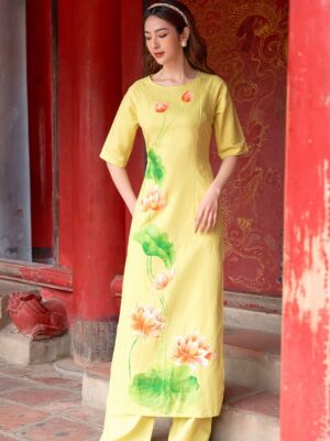 Bộ áo dài vẽ tay hoa sen Yellow 3