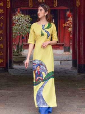 Bộ áo dài vẽ tay cô gái dân tộc Yellow 2