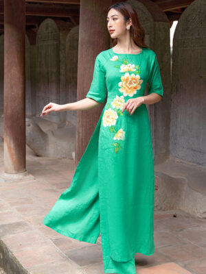 Bộ áo dài vẽ tay vẽ hoa Green 1