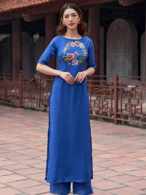 Bộ áo dài vẽ tay vẽ hoa Blue 1