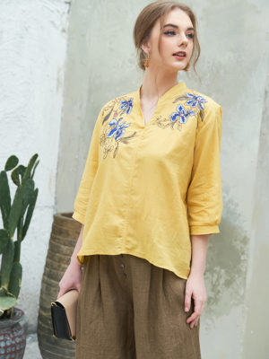 Áo sơ mi nữ cổ tàu thêu hoa Yellow 2